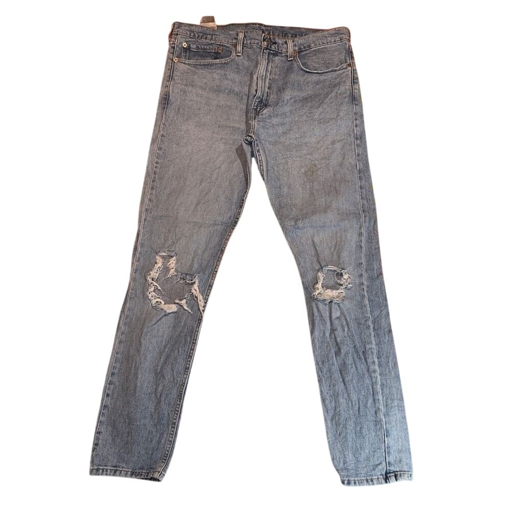 Levis 512 Slim Taper Jeans Mens 36x32 Light Wash Distressed Ripped Blue Denim